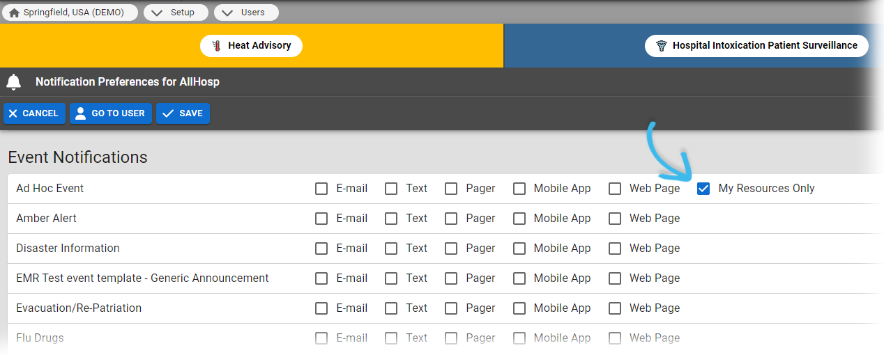 EMResource Users Manage User Event Notifications